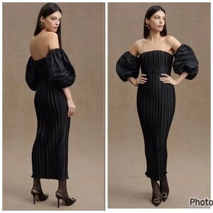 L’Idee Sirene Plisse Puff Sleeve Maxi Dress Pleated Size 8‎ Black